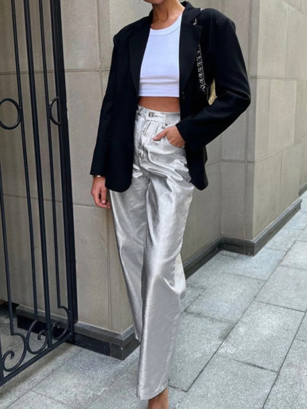 Commense Metallic Faux Leather Straight Leg Pants Size Small